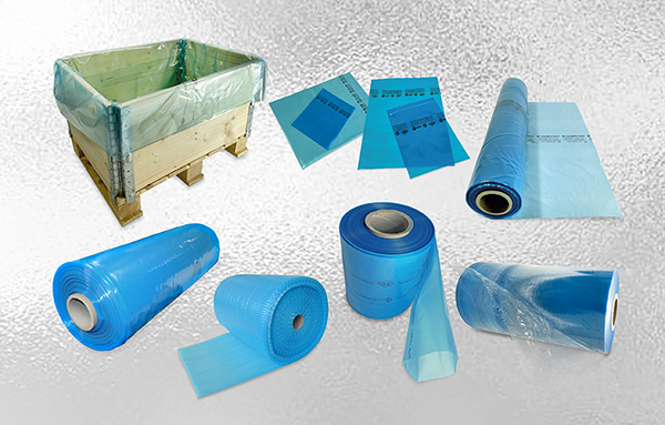 Olika typer av plastförpackningar för rostskydd med VpCI. Pallhuv, påsar, slang, bubbelplast, krympfilm, sträckfilm. Skyddar mot korrosion och rostangrepp i industriella processer.