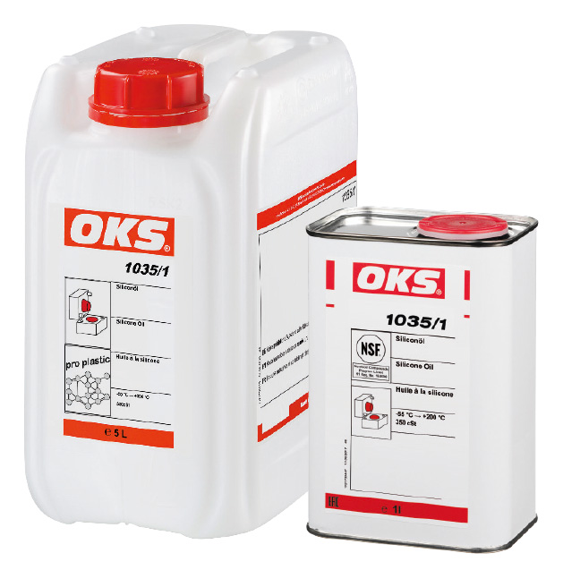 Silikonoljen OKS 1035/1 er NSF-godkjent for følsomme miljøer og finnes i ulike emballasjer, f.eks. 1 liter og 5 liter